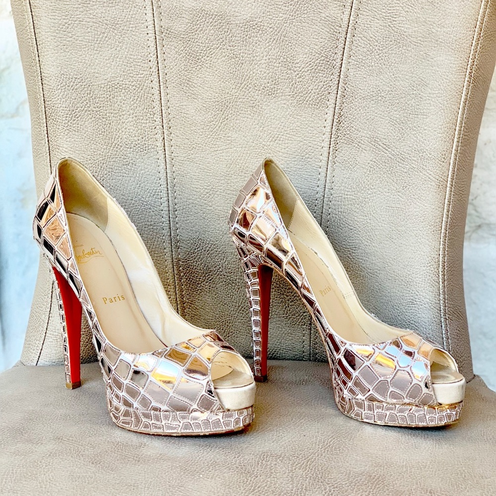 Christian Louboutin Sobek Silver Peep Toe Mosaic Mirror Platform Euro 39